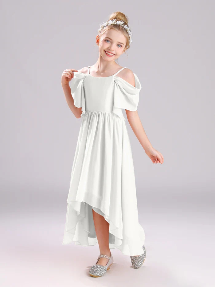 Girls Birthday Dresses Cold Shoulder Flutter Straps Chiffon Asymmetrical Junior Bridesmaid Dress/Party Dresses With Pleated Gidiondress