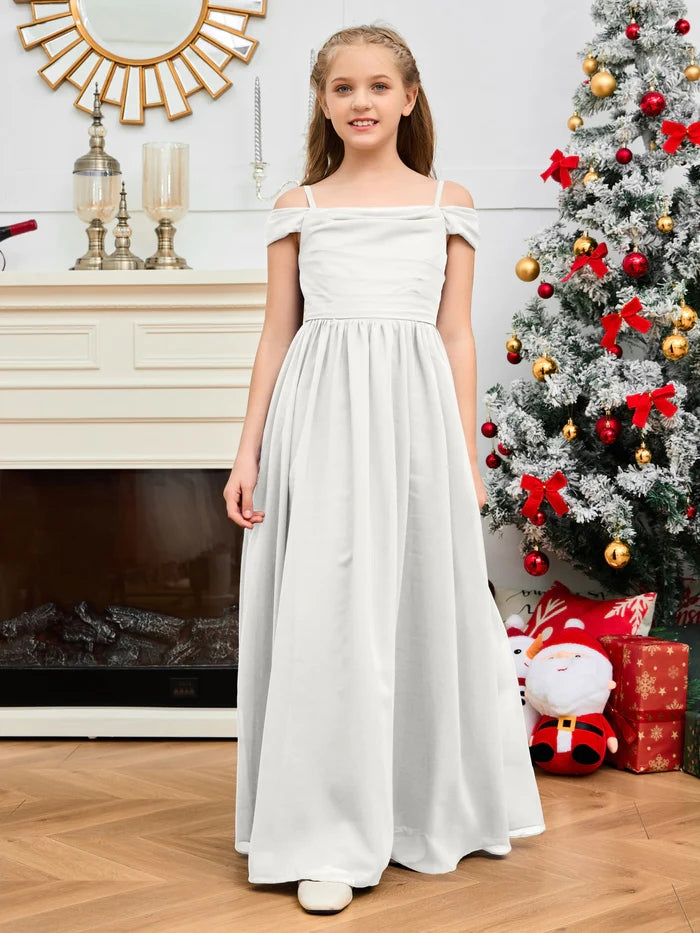 A-Line Floor-Length Chiffon Cold Shoulder Junior Bridesmaid Dress/Girls Birthday Dresses With Cape Gidiondress