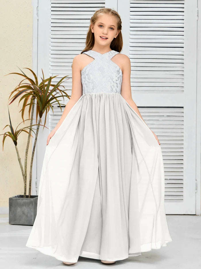 Halter Floor-Length Satin/Chiffon/Lace Junior Bridesmaid Dress/Girls Birthday Dresses Gidiondress