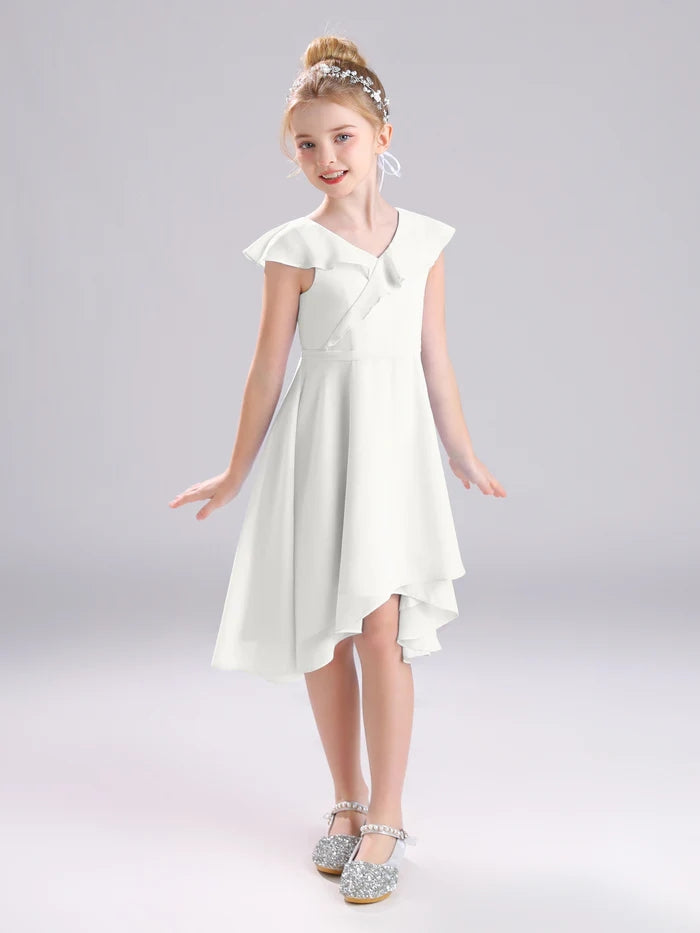 Girls Birthday Dresses V-Neck Cape Chiffon Asymmetrical Junior Bridesmaid Dress/Party Dresses With Belt Girls Gidiondress
