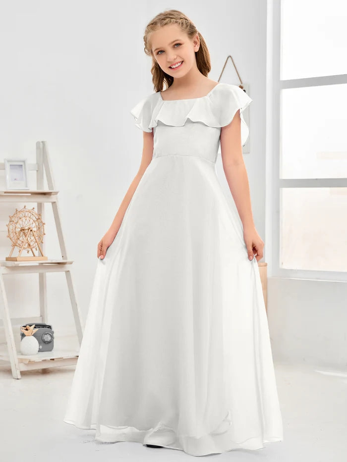 A-Line Square Flutter straps Simple Floor-Length Lilac Chiffon Junior Bridesmaid Dress/Girls Birthday Dresses Gidiondress