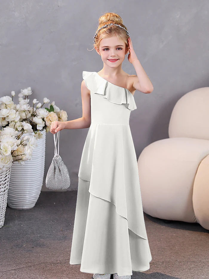 Girls Birthday Dresses One-Shoulder Sleeveless Chiffon Floor-Length Graceful Junior Bridesmaid Dress/Party Dresses With Ruffled Hem Gidiondress
