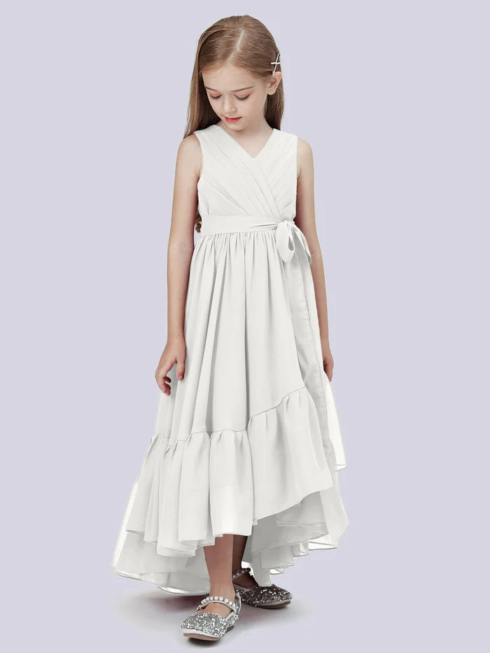 Asymmetrical Chiffon Junior Bridesmaid Dress/Girls Birthday Dresses With Pleated/Belt/Ruffled Gidiondress Ivory 12M
