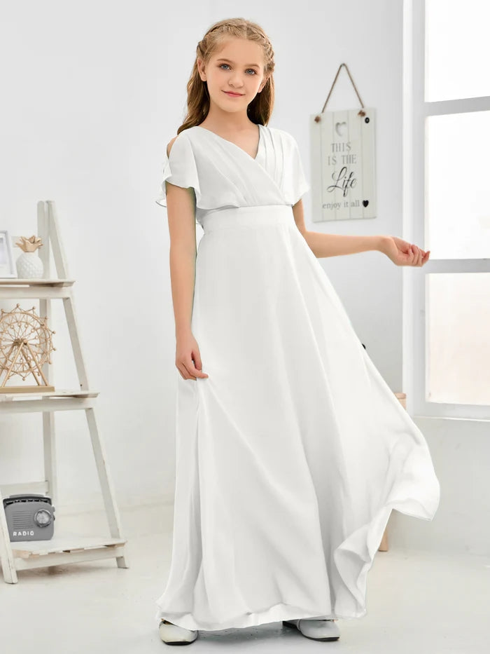 A-line V-Neck Floor-Length Chiffon Junior Bridesmaid Dress Gidiondress