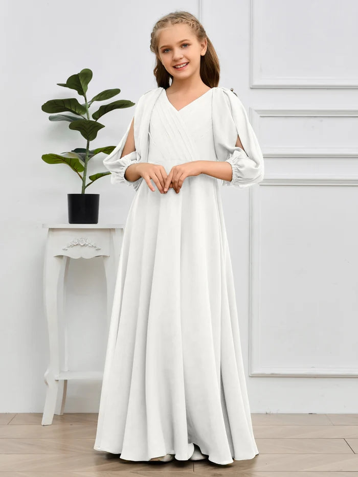 A-line V-Neck Floor-Length Chiffon Junior Bridesmaid Dresses Gidiondress