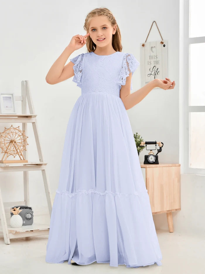 A-Line Scoop Neck Flutter straps Floor-Length Lace/Chiffon Junior Bridesmaid Dress/First Communion Dress With Lace Girls Gidiondress