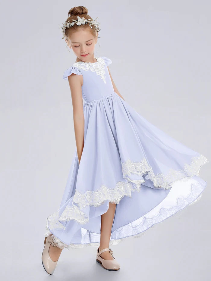 Asymmetrical Cap Sleeve Scoop Neck Cute Ankel-Length Lace/Chiffon Junior Bridesmaid Dress With Appliques Gidiondress