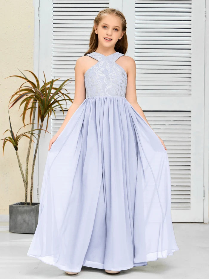 Sleeveless Halter Floor-Length Satin/Chiffon/Lace Junior Bridesmaid Dress/Girls Birthday Dresses Gidiondress Lavender 12M