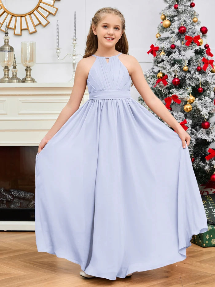 Halter A-Line Classic Floor-Length Chiffon Girls Birthday Dresses/Junior Bridesmaid Dress With Pleated/Belt Gidiondress