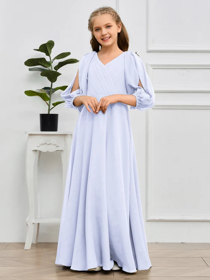 A-line V-Neck Floor-Length Chiffon Junior Bridesmaid Dresses Gidiondress
