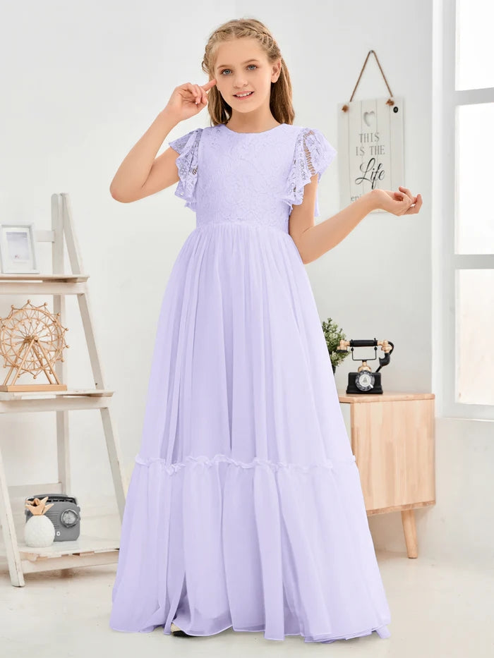 A-Line Scoop Neck Flutter straps Floor-Length Lace/Chiffon Junior Bridesmaid Dress/First Communion Dress With Lace Girls Gidiondress