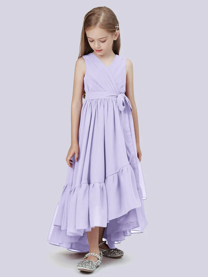 Asymmetrical Chiffon Junior Bridesmaid Dress/Girls Birthday Dresses With Pleated/Belt/Ruffled Gidiondress