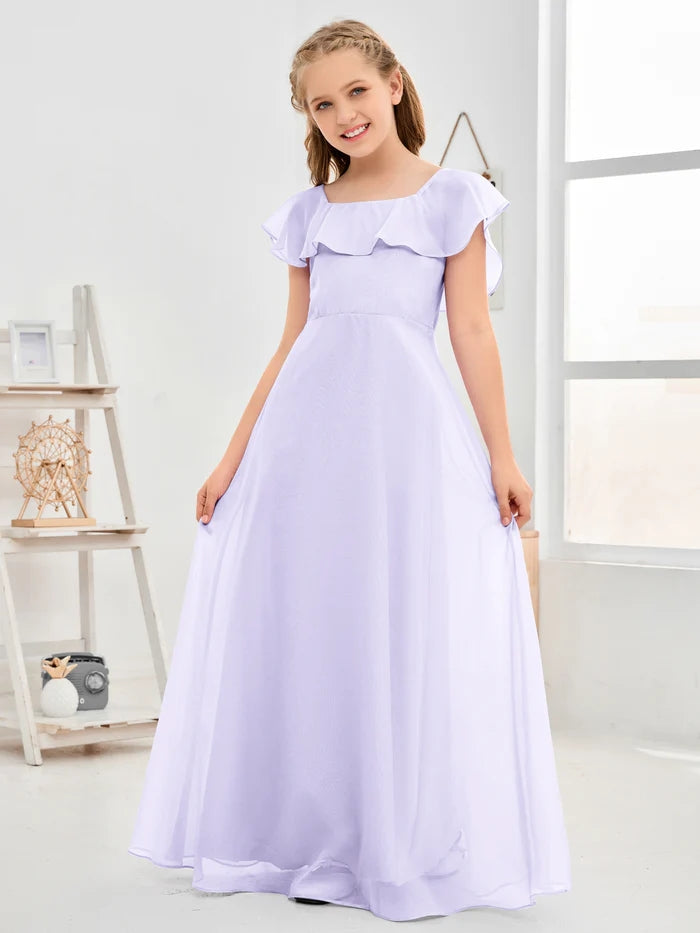A-Line Square Flutter straps Simple Floor-Length Lilac Chiffon Junior Bridesmaid Dress/Girls Birthday Dresses Gidiondress