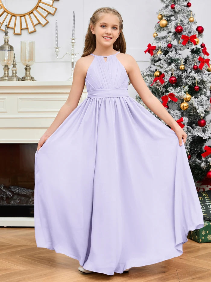 Halter A-Line Classic Floor-Length Chiffon Girls Birthday Dresses/Junior Bridesmaid Dress With Pleated/Belt Gidiondress