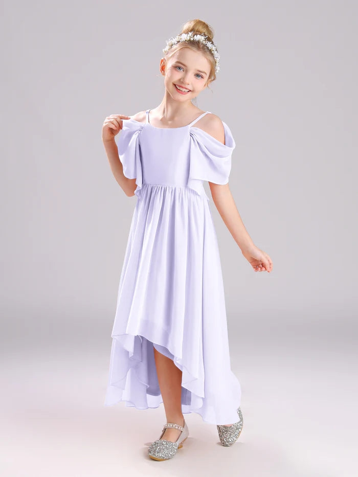 Girls Birthday Dresses Cold Shoulder Flutter Straps Chiffon Asymmetrical Junior Bridesmaid Dress/Party Dresses With Pleated Gidiondress