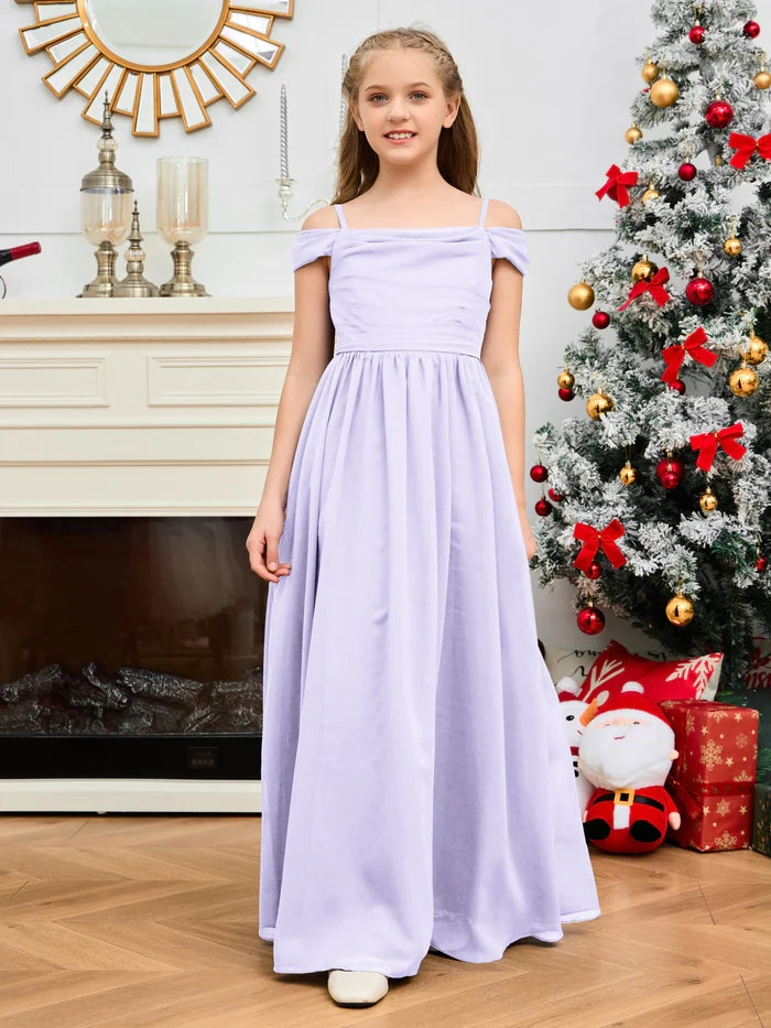 A-Line Floor-Length Chiffon Cold Shoulder Junior Bridesmaid Dress/Girls Birthday Dresses With Cape Gidiondress