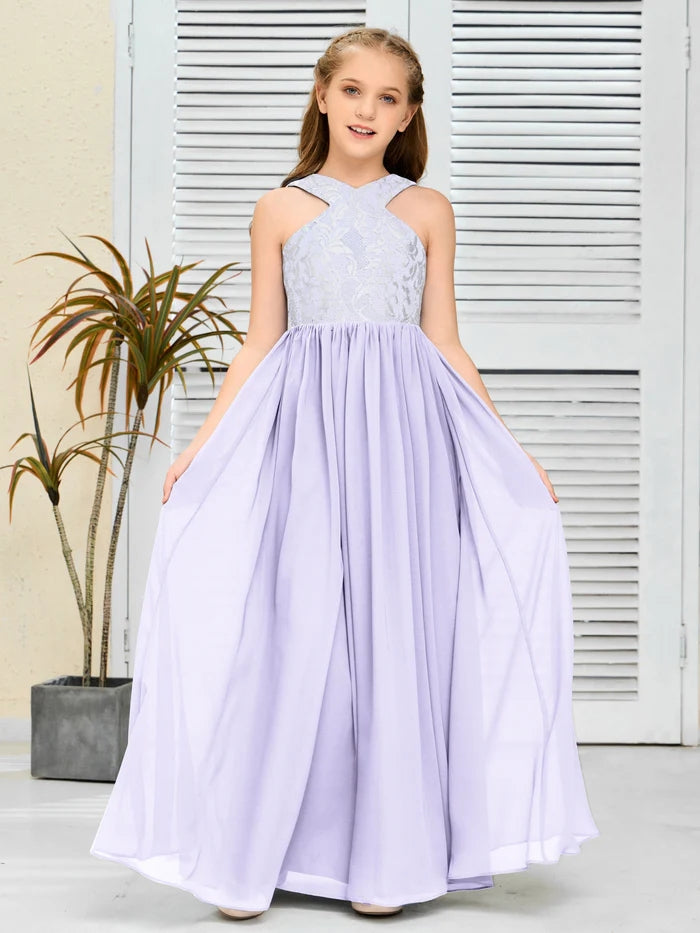 Halter Floor-Length Satin/Chiffon/Lace Junior Bridesmaid Dress/Girls Birthday Dresses Gidiondress