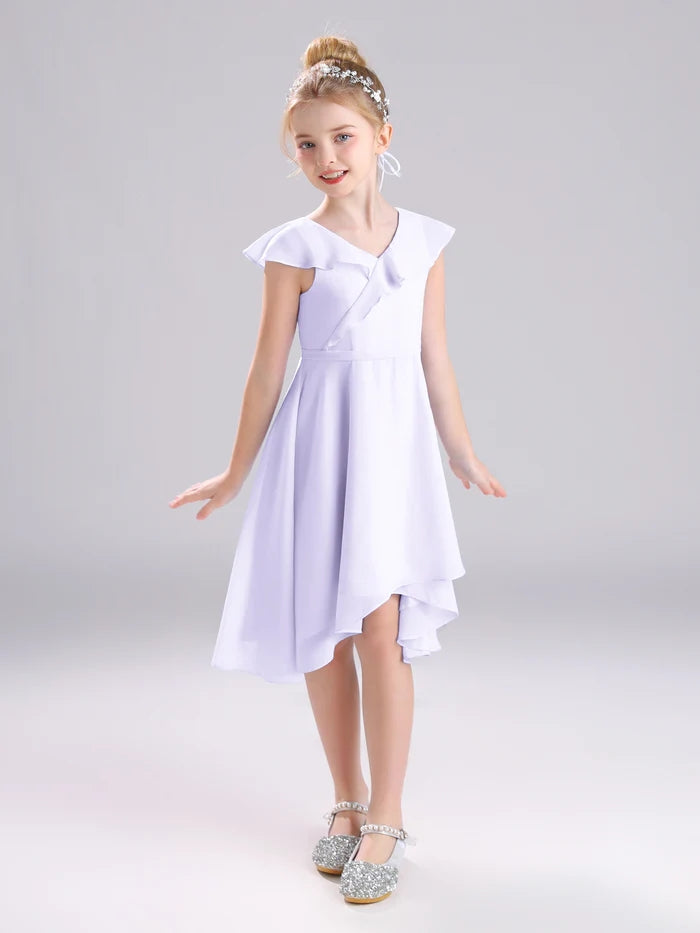 Girls Birthday Dresses V-Neck Cape Chiffon Asymmetrical Junior Bridesmaid Dress/Party Dresses With Belt Girls Gidiondress Lilac 12M