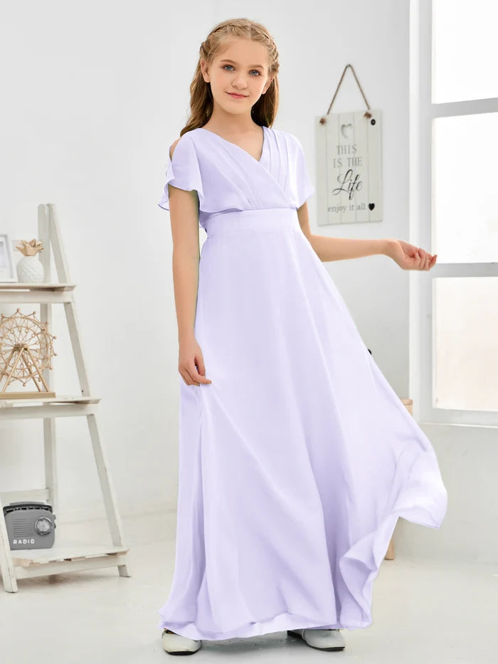 A-line V-Neck Floor-Length Chiffon Junior Bridesmaid Dress Gidiondress