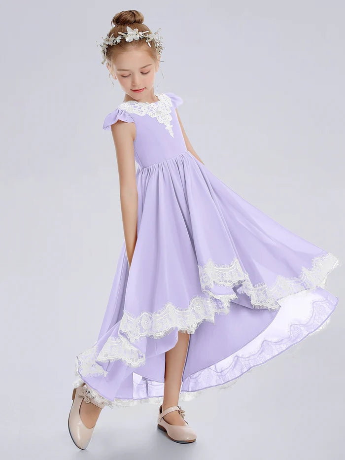 Asymmetrical Cap Sleeve Scoop Neck Cute Ankel-Length Lace/Chiffon Junior Bridesmaid Dress With Appliques Gidiondress Lilac 12M