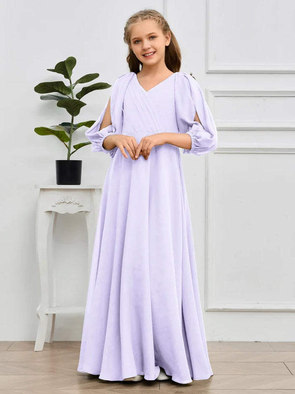 A-line V-Neck Floor-Length Chiffon Junior Bridesmaid Dresses Gidiondress