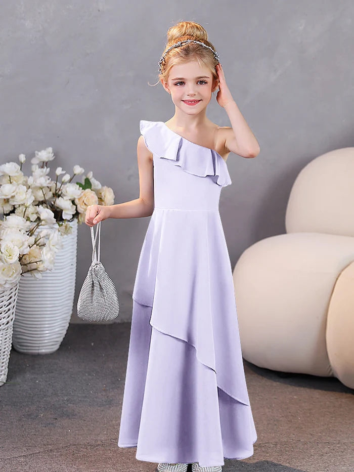 Girls Birthday Dresses One-Shoulder Sleeveless Chiffon Floor-Length Graceful Junior Bridesmaid Dress/Party Dresses With Ruffled Hem Gidiondress