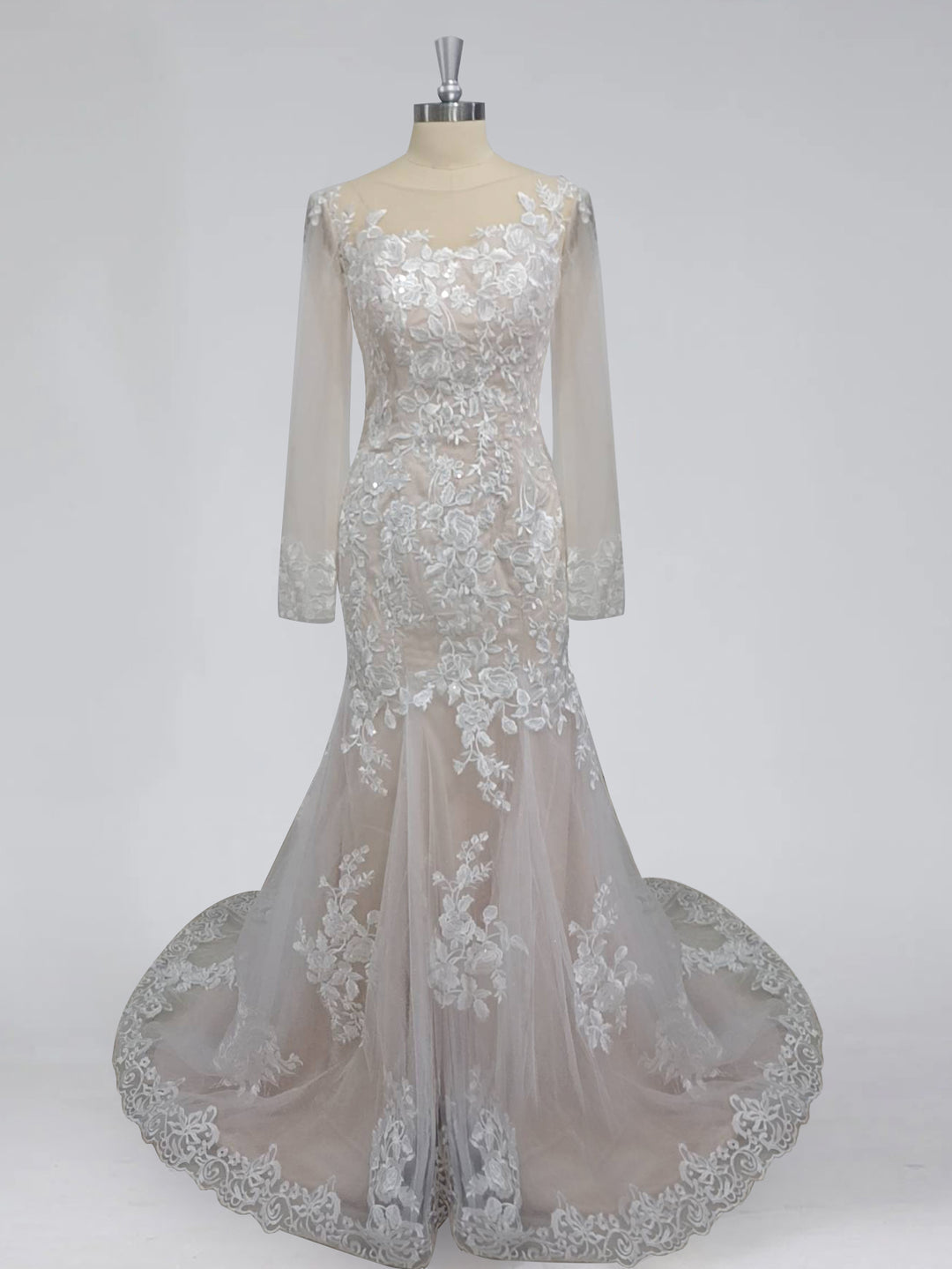 Trumpet/Mermaid Champagne V-Neck Long Sleeve Sweep Train Lace Button Wedding Dress BabaMila