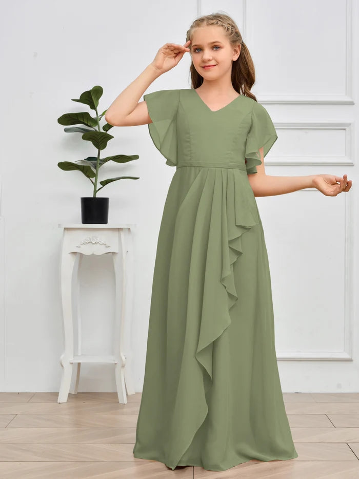 V-Neck Flutter straps Floor-Length Chiffon Junior Bridesmaid Dress/Girls Birthday Dresses Gidiondress