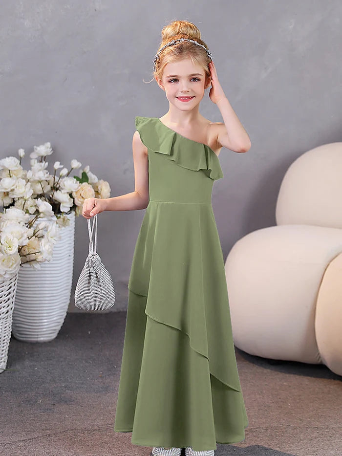 Girls Birthday Dresses Graceful One-Shoulder Sleeveless Chiffon Floor-Length Junior Bridesmaid Dress/Party Dresses With Ruffled Hem Gidiondress Olive Green 12M