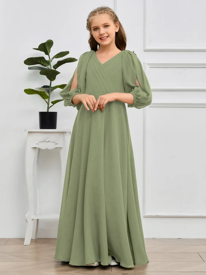 Long Sleeves A-line V-Neck Floor-Length Chiffon Junior Bridesmaid Dresses Gidiondress