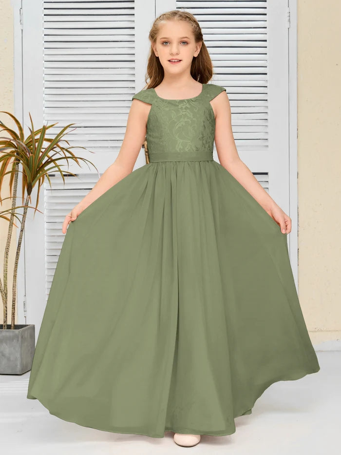 Floor-Length Pearl Pink Chiffon/Lace Junior Bridesmaid Dress/Girls Birthday Dresses Gidiondress