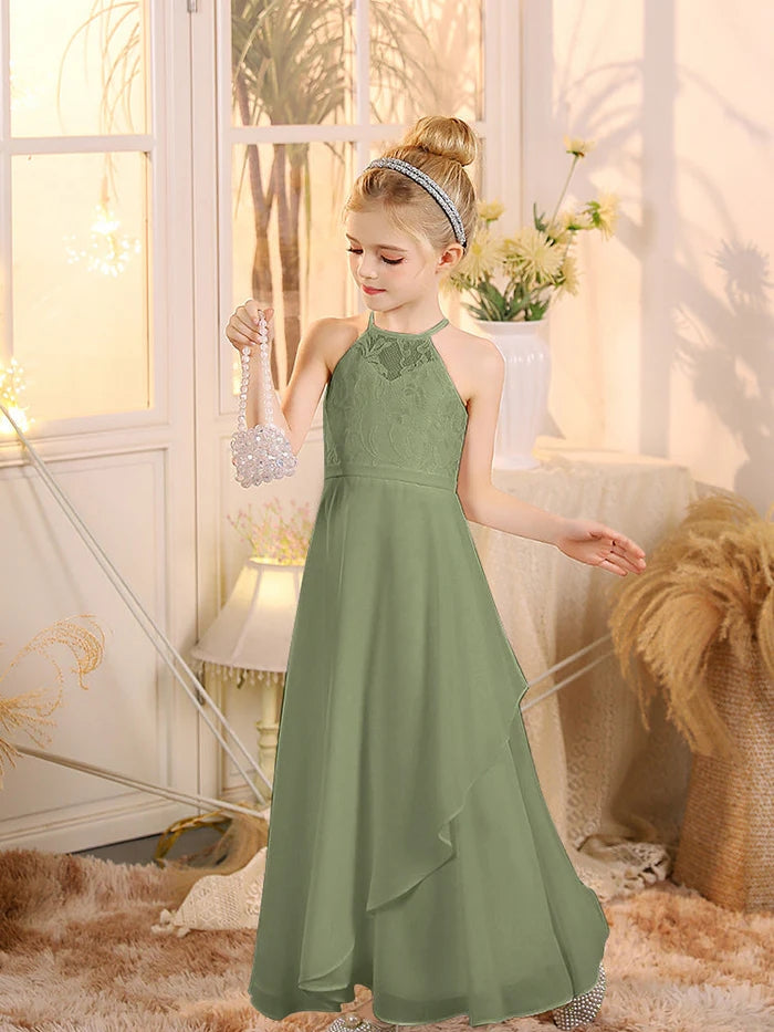 First Communion A Line Chiffon Floor-Length Dusty Sage Junior Bridesmaid Dress Gidiondress