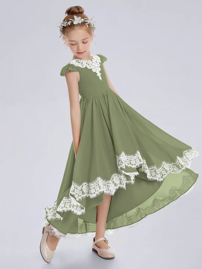 Asymmetrical Cap Sleeve Scoop Neck Ankel-Length Lace/Chiffon Cute Junior Bridesmaid Dress With Appliques Gidiondress