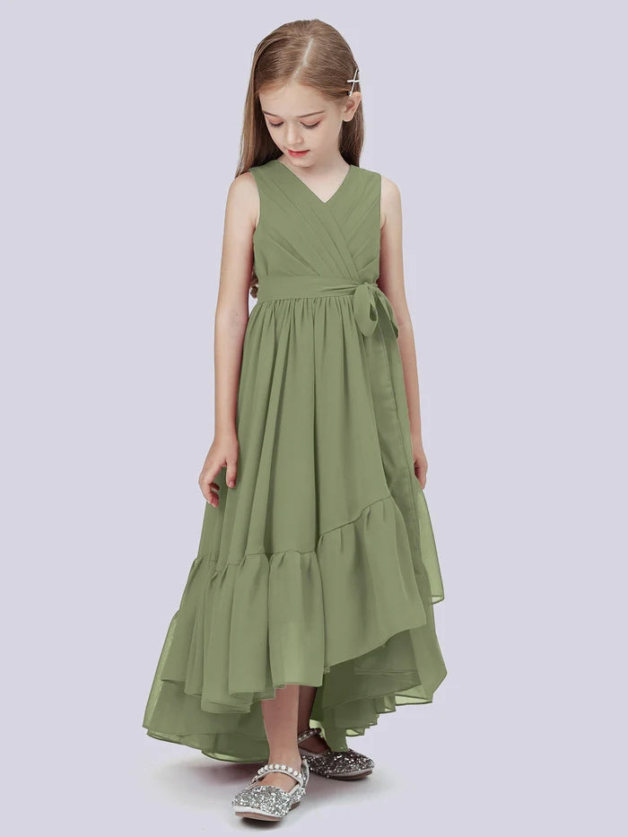 Asymmetrical Chiffon Junior Bridesmaid Dress/Girls Birthday Dresses With Pleated/Belt/Ruffled Gidiondress
