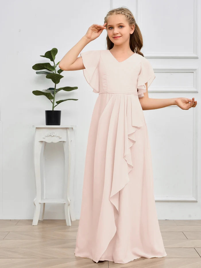 V-Neck Flutter straps Floor-Length Chiffon Junior Bridesmaid Dress/Girls Birthday Dresses Gidiondress