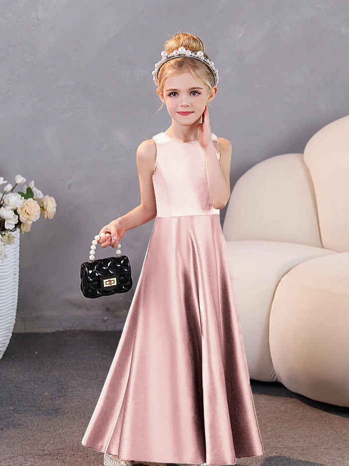 Girls Birthday Dresses Simple Sleeveless Satin Floor-Length Junior Bridesmaid Dress Gidiondress