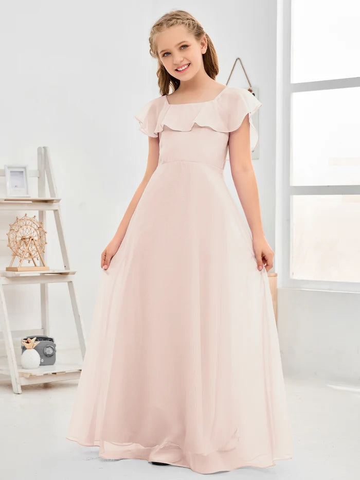 A-Line Square Flutter straps Simple Floor-Length Lilac Chiffon Junior Bridesmaid Dress/Girls Birthday Dresses Gidiondress