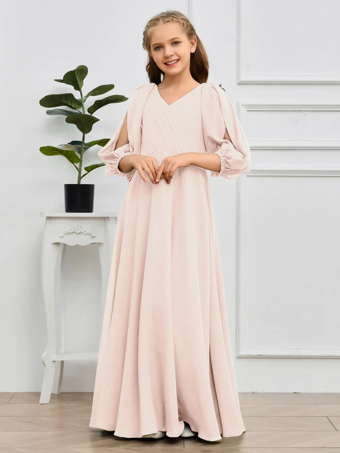 A-line V-Neck Floor-Length Chiffon Junior Bridesmaid Dresses Gidiondress