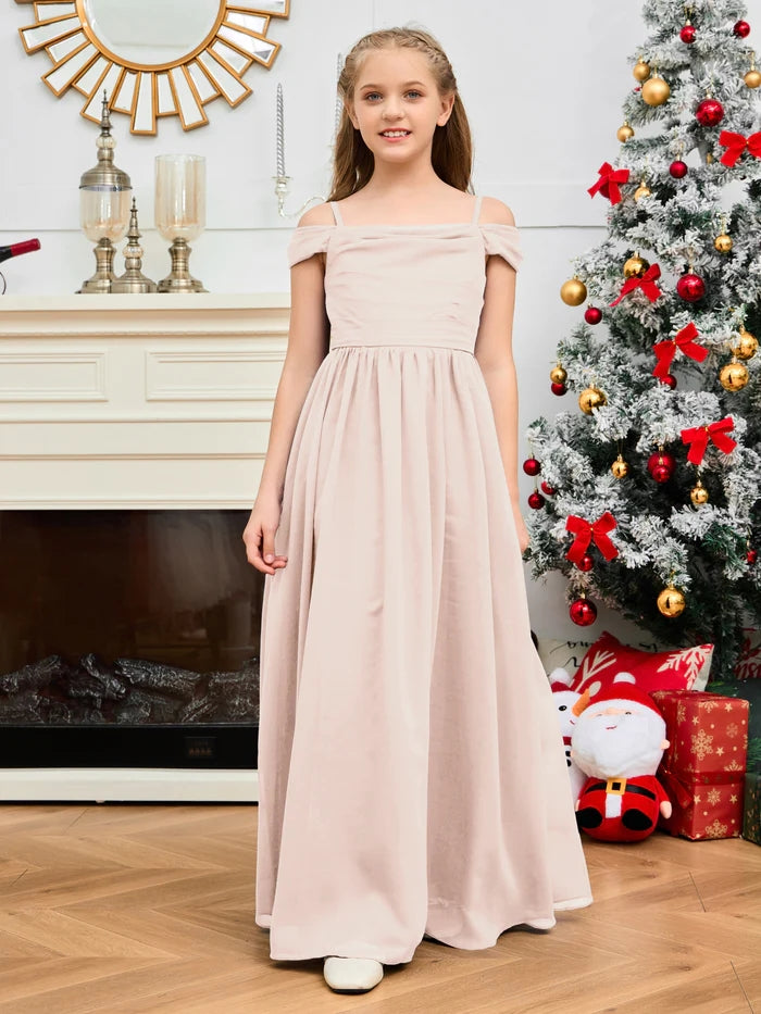 A-Line Floor-Length Chiffon Cold Shoulder Junior Bridesmaid Dress/Girls Birthday Dresses With Cape Gidiondress