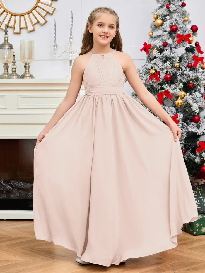 Halter A-Line Classic Floor-Length Chiffon Girls Birthday Dresses/Junior Bridesmaid Dress With Pleated/Belt Gidiondress