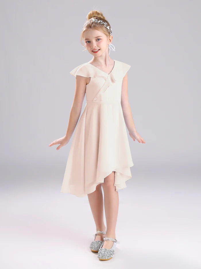 Girls Birthday Dresses V-Neck Cape Chiffon Asymmetrical Junior Bridesmaid Dress/Party Dresses With Belt Girls Gidiondress