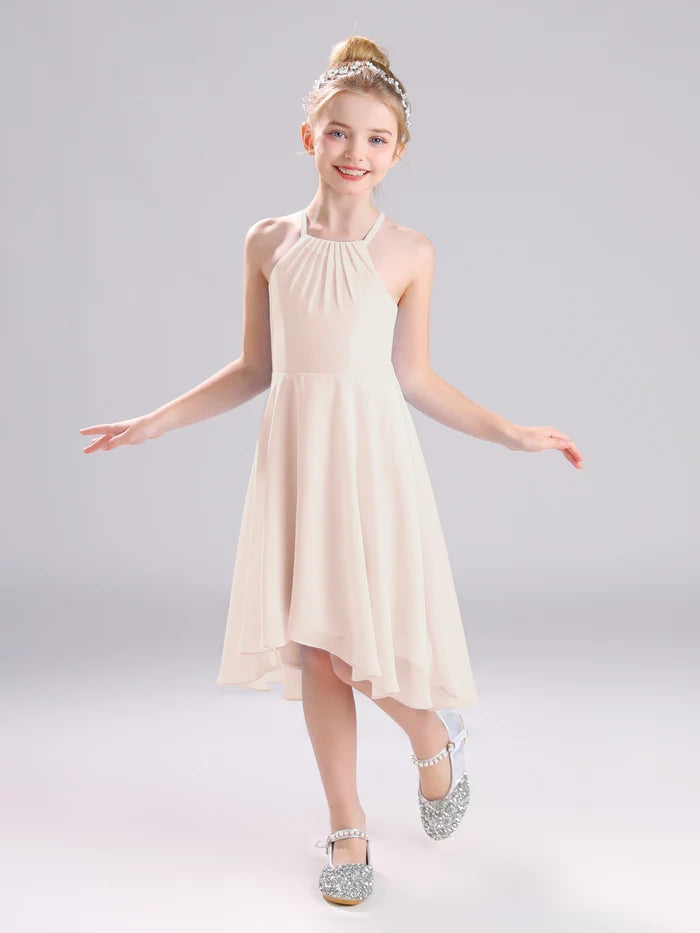 Girls Birthday Dresses Halter Spaghetti Straps Chiffon Asymmetrical Knee-Length Junior Bridesmaid Dress/Party Dresses With Pleated Gidiondress