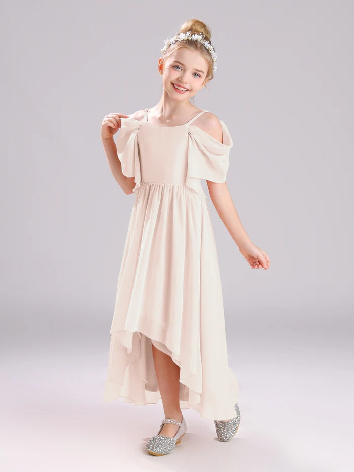 Girls Birthday Dresses Cold Shoulder Flutter Straps Chiffon Asymmetrical Junior Bridesmaid Dress/Party Dresses With Pleated Gidiondress