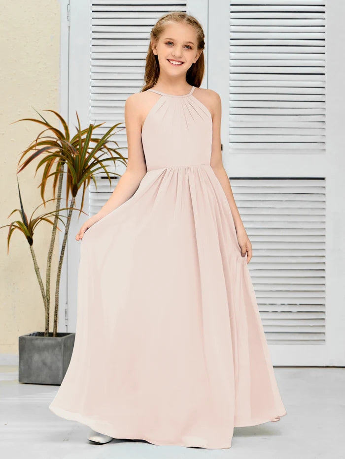 Halter Floor-Length Chiffon Simple Junior Bridesmaid Dress/Girls dress Gidiondress
