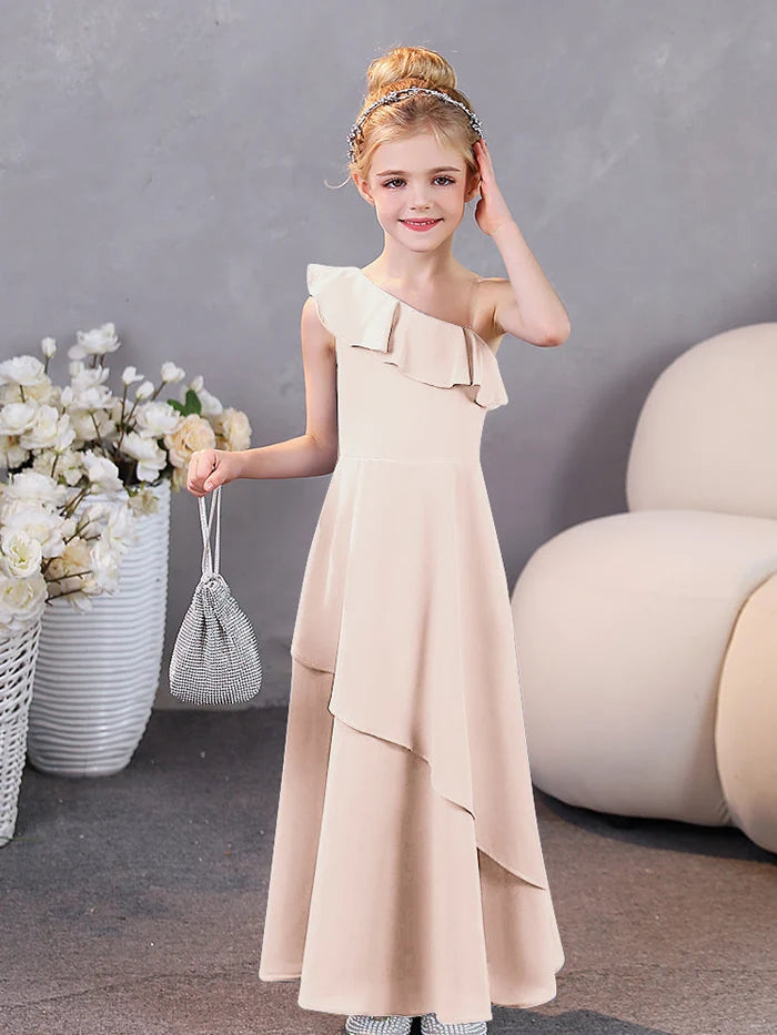 Girls Birthday Dresses One-Shoulder Sleeveless Chiffon Floor-Length Graceful Junior Bridesmaid Dress/Party Dresses With Ruffled Hem Gidiondress