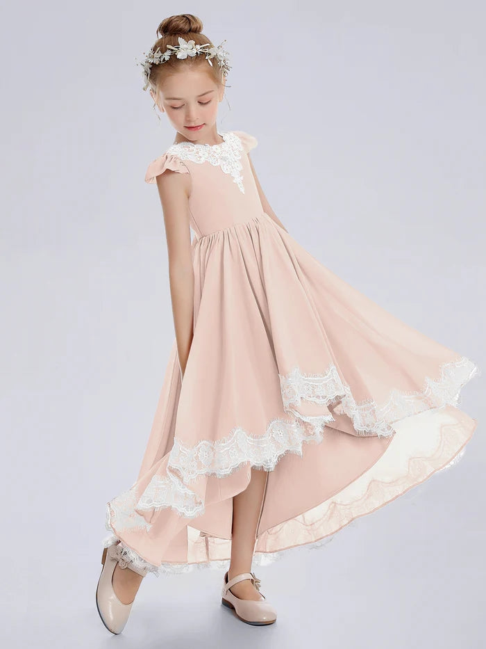 Asymmetrical Cap Sleeve Scoop Neck Cute Ankel-Length Lace/Chiffon Junior Bridesmaid Dress With Appliques Gidiondress