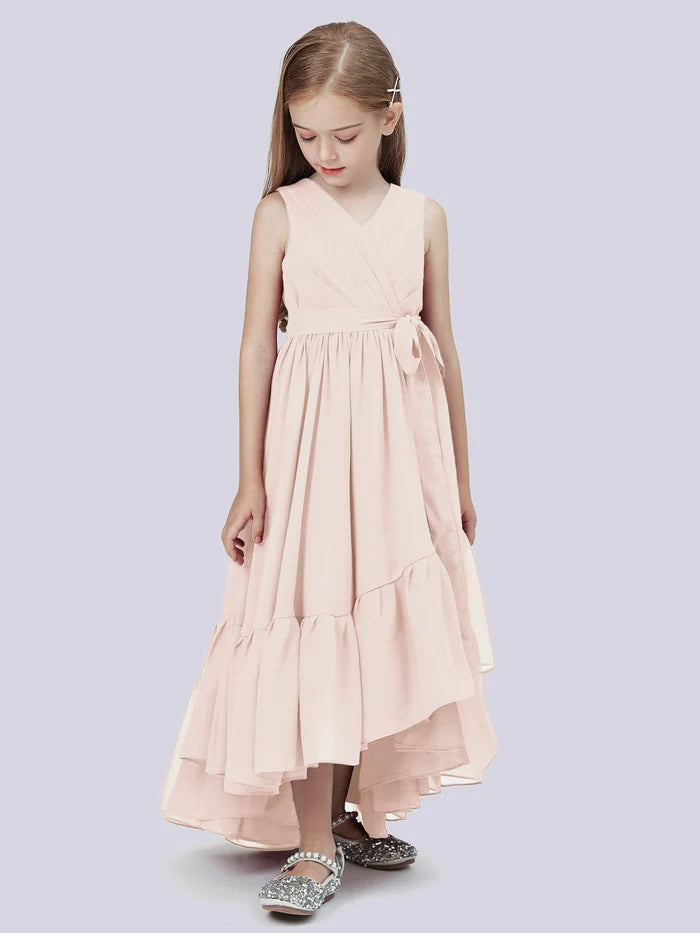 Asymmetrical Chiffon Junior Bridesmaid Dress/Girls Birthday Dresses With Pleated/Belt/Ruffled Gidiondress