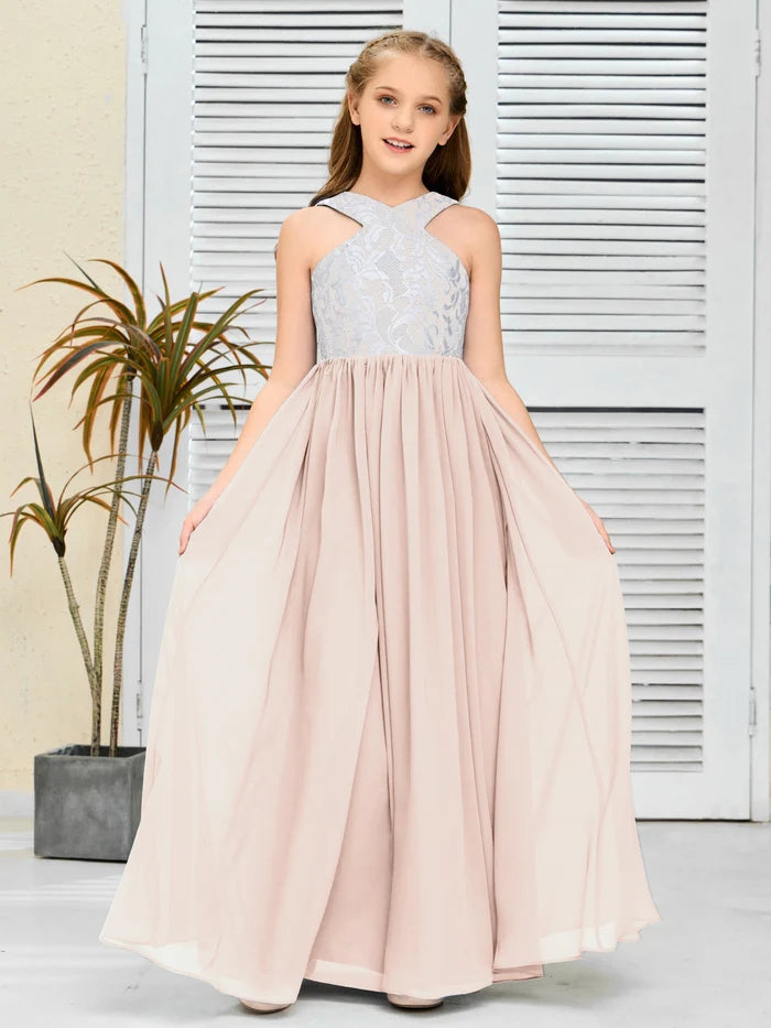 Halter Floor-Length Satin/Chiffon/Lace Junior Bridesmaid Dress/Girls Birthday Dresses Gidiondress