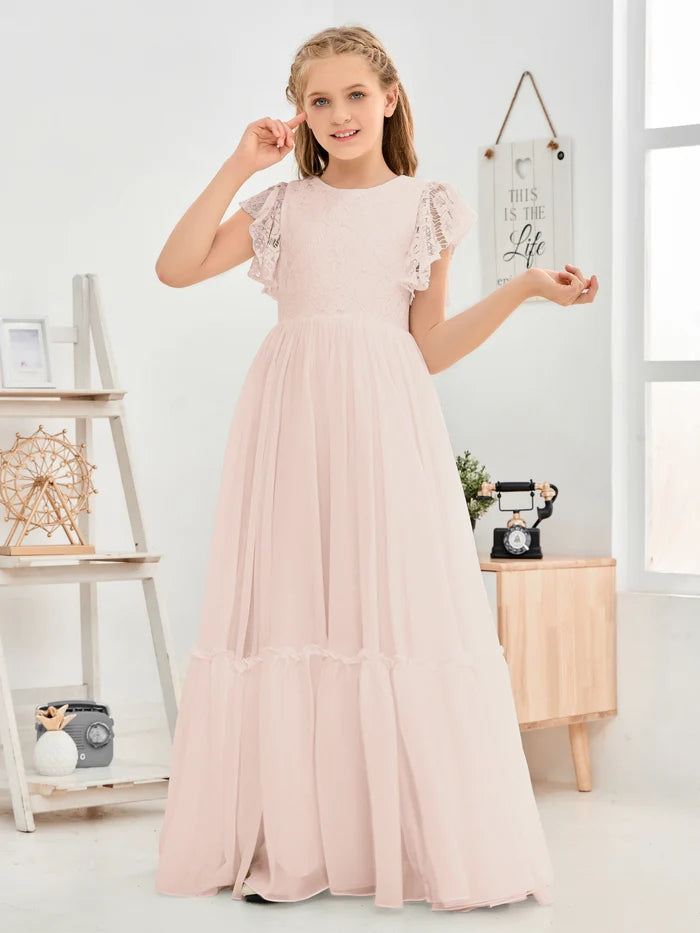 A-Line Scoop Neck Flutter straps Floor-Length Lace/Chiffon Junior Bridesmaid Dress/First Communion Dress With Lace Girls Gidiondress Pearl Pink 12M