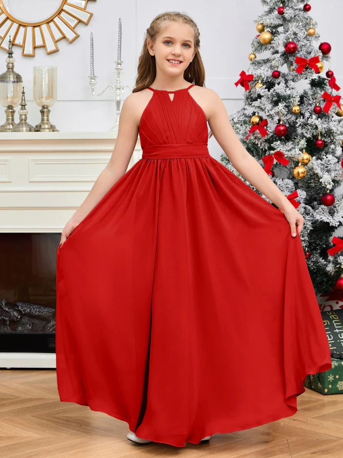 Halter A-Line Classic Floor-Length Chiffon Girls Birthday Dresses/Junior Bridesmaid Dress With Pleated/Belt Gidiondress